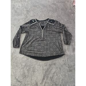 Lucky Brand  V Neck‎ Top Long Sleeve Women's Size 1X Gray Black Boho Paisley